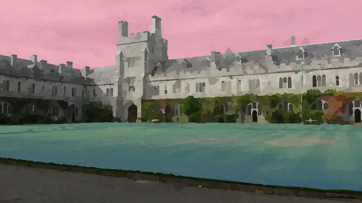 Stylised image of University College Cork quad, colourised with pink and blue.